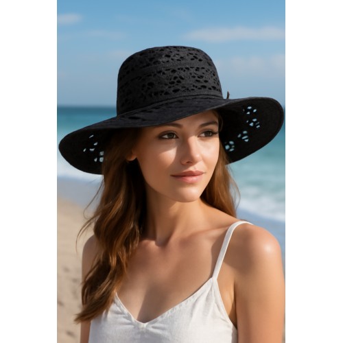 Straw Wide Brim Hats - Black - HT-ST71239BK